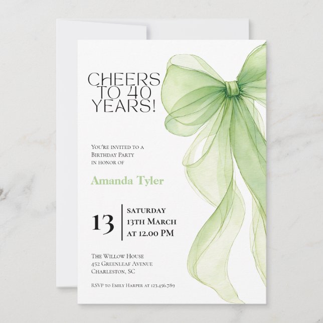 Invitación de cumpleaños número 40 con lazo verde  (Anverso)