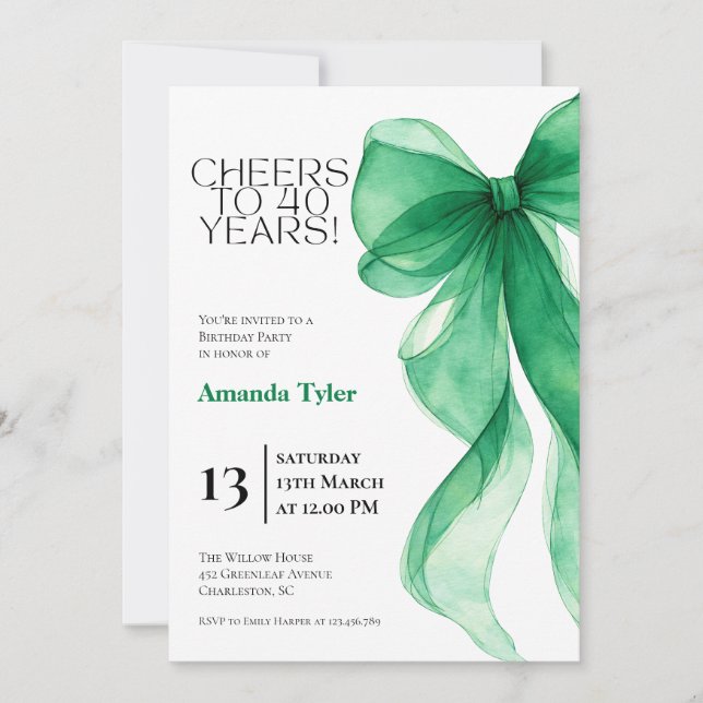 Invitación de cumpleaños número 40 con lazo verde  (Anverso)