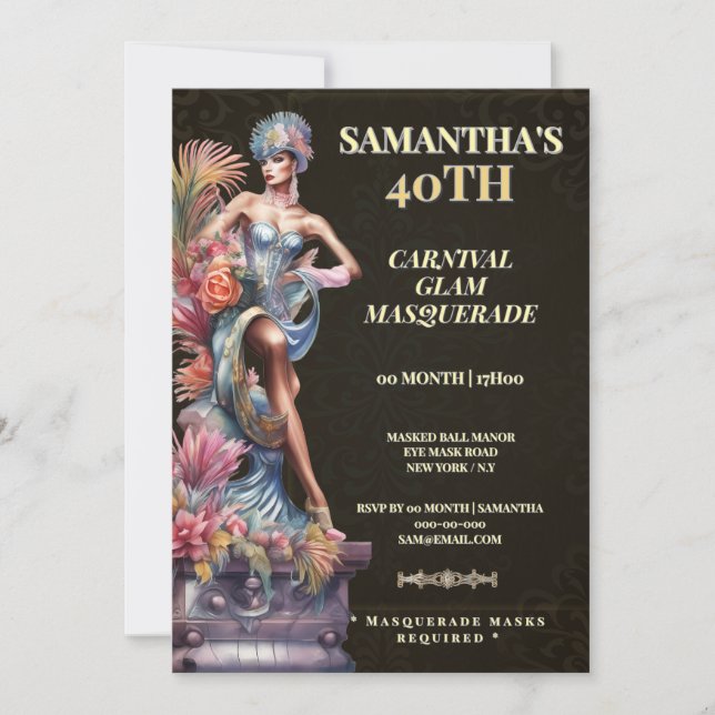 Invitación de cumpleaños número 40 con máscara de  (Anverso)