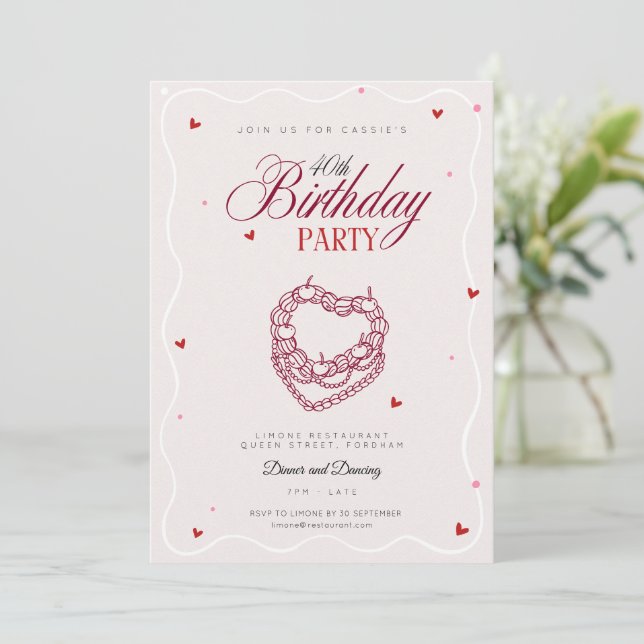 Invitación de cumpleaños número 40 con pastel de c (Anverso de pie)