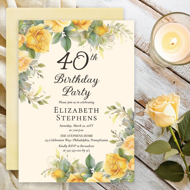 Invitación de cumpleaños número 40 con rosa amaril (Elegant yellow rose 40th birthday invitation with soft greenery and warm cream background)