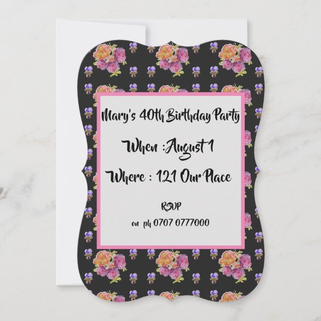 Invitación de cumpleaños número 40 con rosas flora (Anverso)