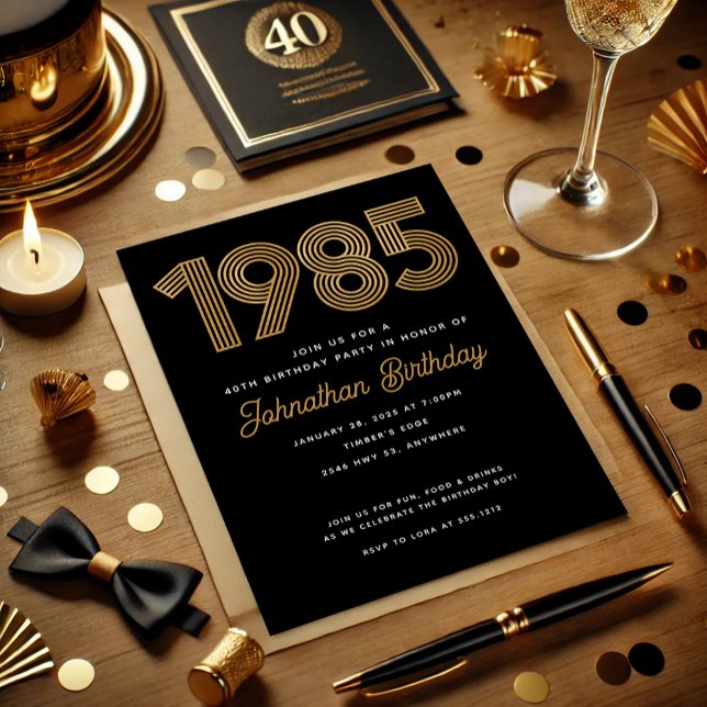Invitación de cumpleaños número 40 de 1985 en fals (1985 Black Faux Gold 40th Birthday Invitation)