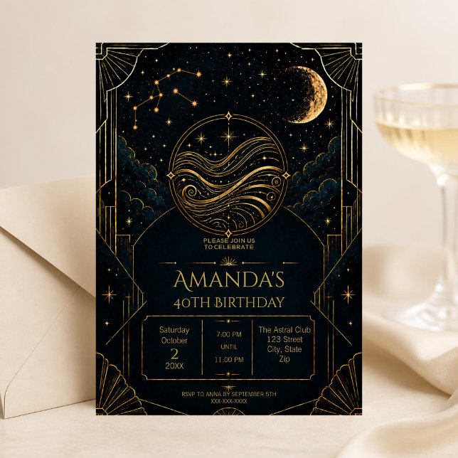 Invitación de cumpleaños número 40 de Acuario Oscu (Dark Art Deco Aquarius zodiac 40th birthday invitation featuring celestial details, vintage-inspired)