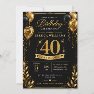 Invitación de cumpleaños número 40 de Black Gold |