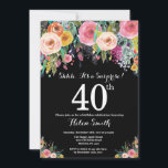 Invitación de cumpleaños número 40 de Floral Surpr<br><div class="desc">Invitación de 40 Años de la Sorpresa Floral para Mujeres. Flor floral acuarela. Fondo negro. Rosa, Amarillo, Naranja, Flor Púrpura. Cumpleaños de adultos. 13. 15. 16. 18. 20. 21. 30. 40. 50. 60. 70. 80. 90. 100. Cualquier edad. Para más personalización, haga clic en el botón "Personalizar" y utilice nuestra...</div>