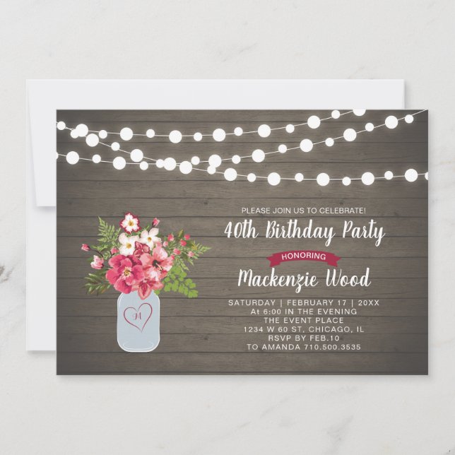 Invitación de cumpleaños número 40 de madera rústi (Anverso)