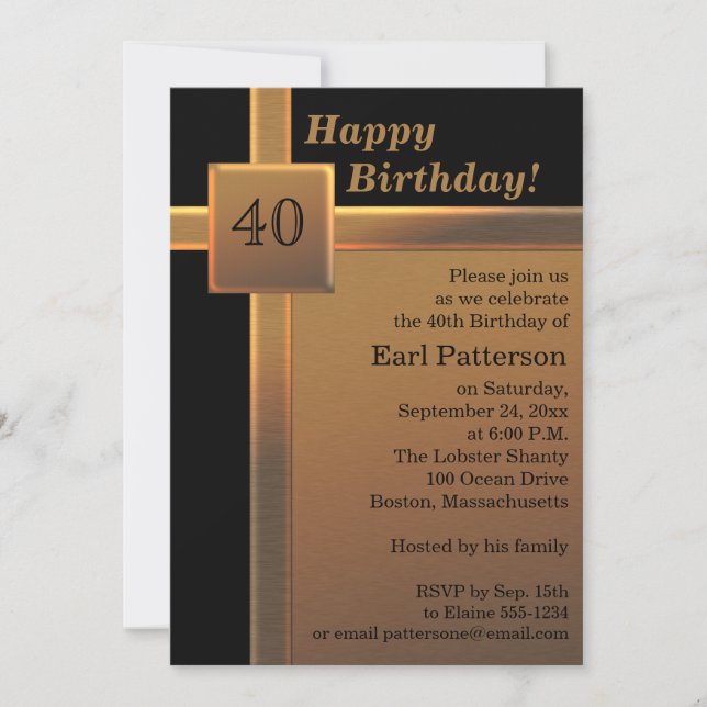 Invitación de cumpleaños número 40 de negro y cobr (Anverso)