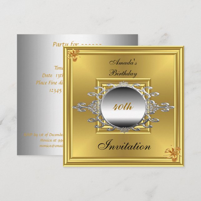 Invitación de cumpleaños número 40 de oro y plata (Anverso / Reverso)