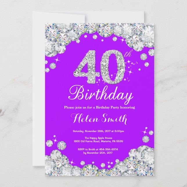 Invitación de cumpleaños número 40 Diamante morado (Anverso)