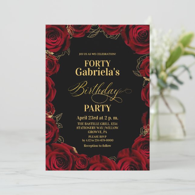 Invitación de cumpleaños número 40 Floral Negro Ro (Anverso de pie)