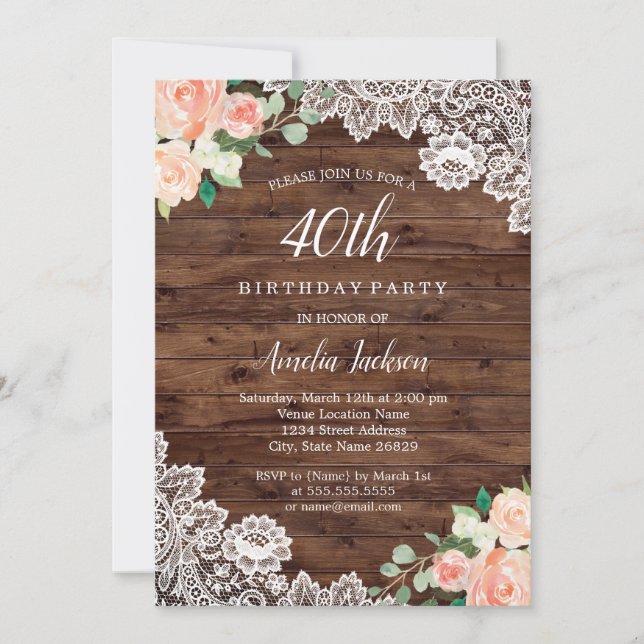 Invitación de cumpleaños número 40 Floral Rústico  (Anverso)