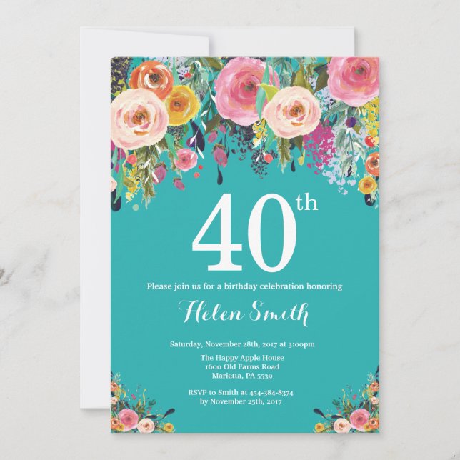 Invitación de cumpleaños número 40 floral turquesa (Anverso)