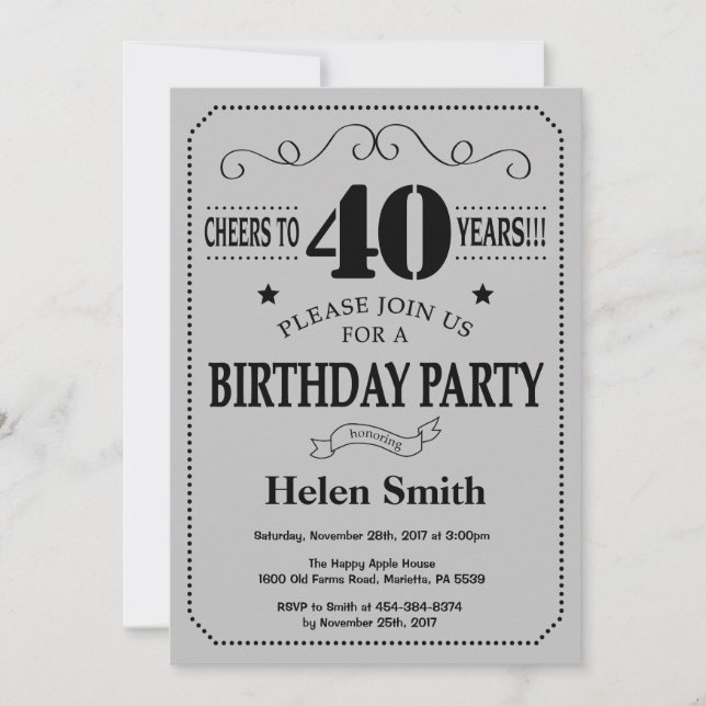 Invitación de cumpleaños número 40: gris negro y p (Anverso)