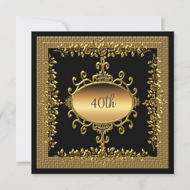 Invitación de cumpleaños número 40 negra y dorada (Anverso)