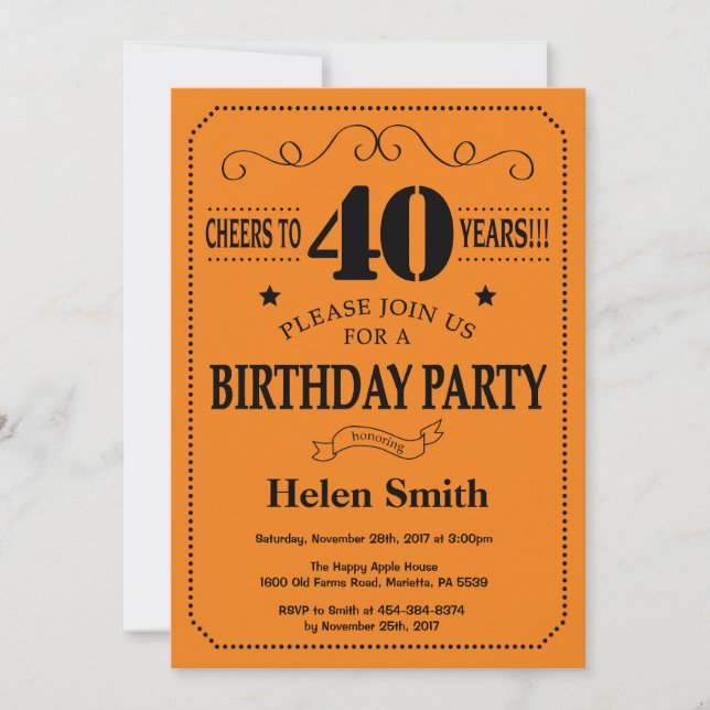 Invitación de cumpleaños número 40 negro y naranja (Anverso)