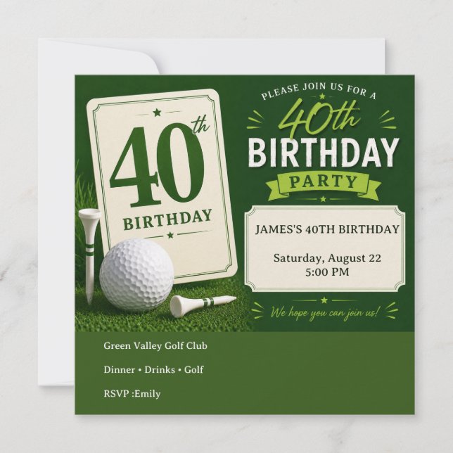 Invitación de cumpleaños número 40 para golfista (Anverso)