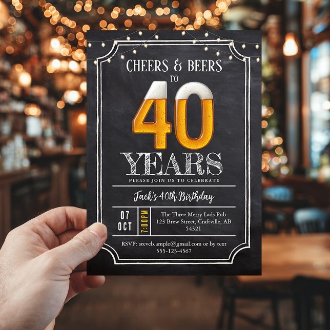 Invitación de cumpleaños número 40 para hombres Ch (Raise a glass to 40 years of good times with this Cheers & Beers 40th Birthday Invitation!)
