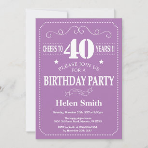 Invitación de cumpleaños número 40 púrpura y blanc