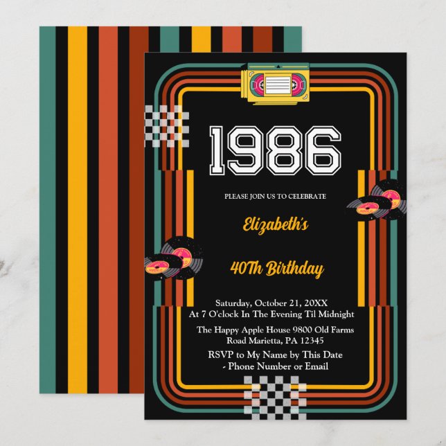 Invitación de cumpleaños número 40 Retro Cassette  (Anverso / Reverso)