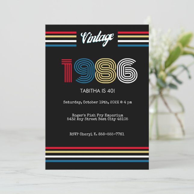Invitación de cumpleaños número 40 retro de 1986 V (Anverso de pie)