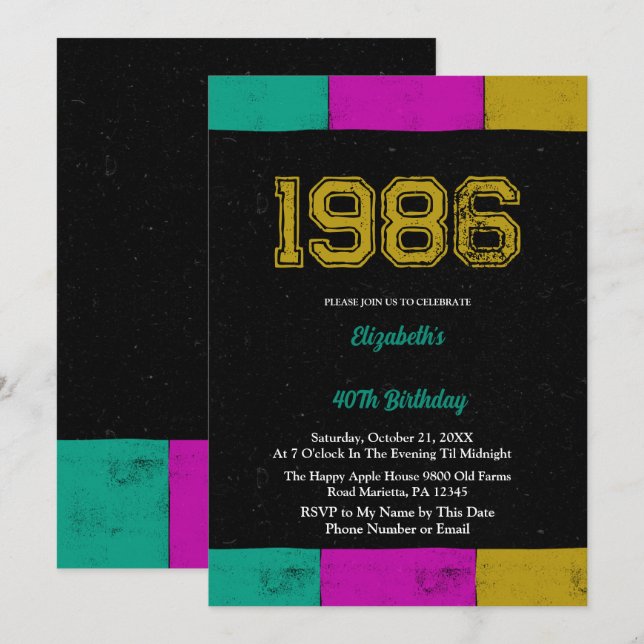 Invitación de cumpleaños número 40 retro vintage d (Anverso / Reverso)