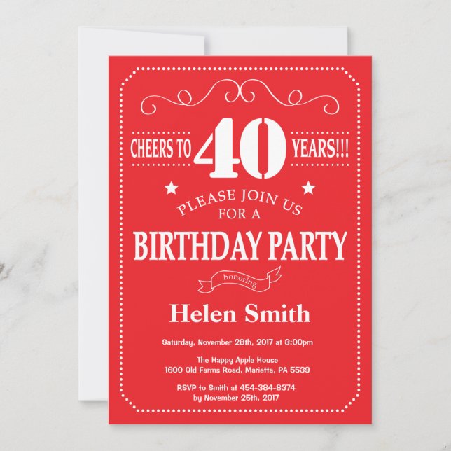 Invitación de cumpleaños número 40 Rojo y Blanco (Anverso)