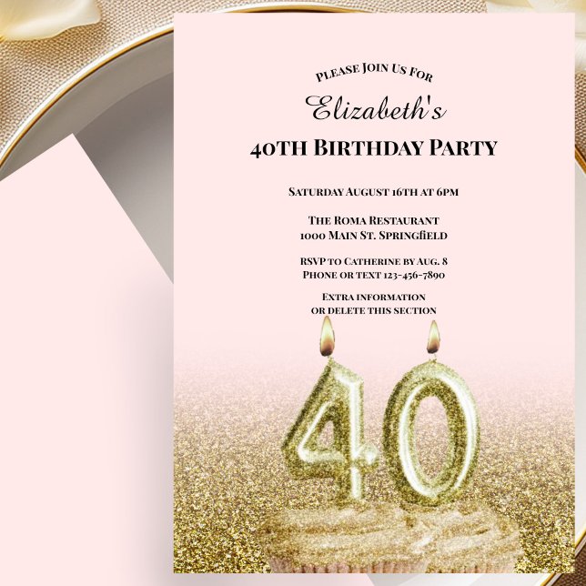 Invitación de cumpleaños número 40 rosa y dorada p (Subido por el creador)