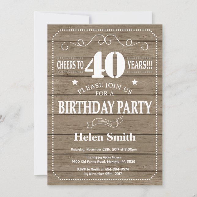 Invitación de cumpleaños número 40 rústica (Anverso)