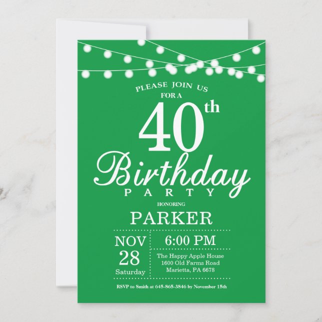 Invitación de cumpleaños número 40 verde (Anverso)
