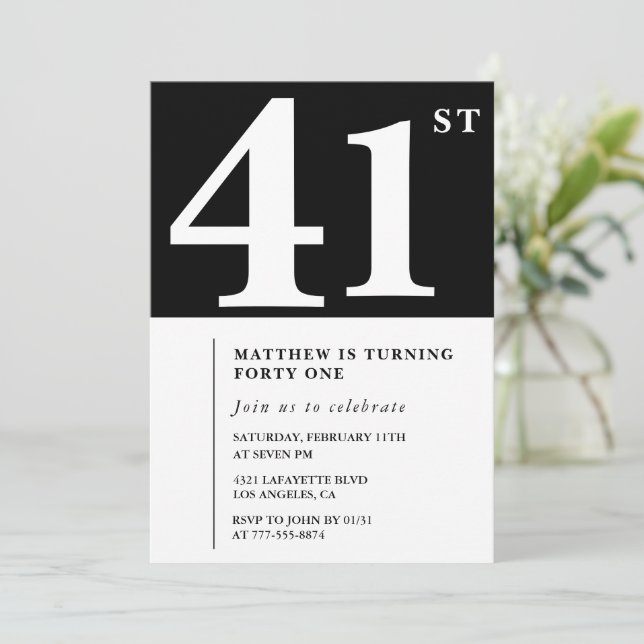 Invitación de cumpleaños número 41 negra Elegante  (Anverso de pie)