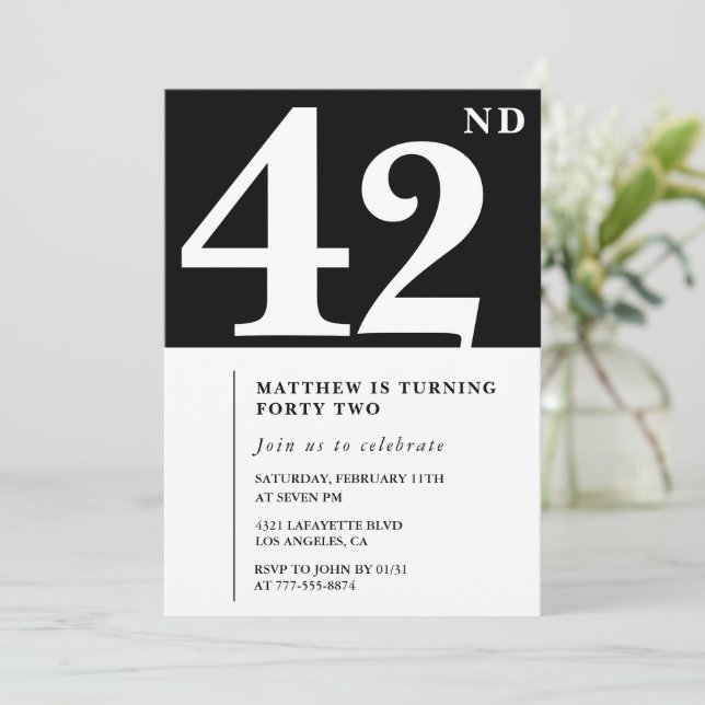 Invitación de cumpleaños número 42 negra Elegante  (Anverso de pie)