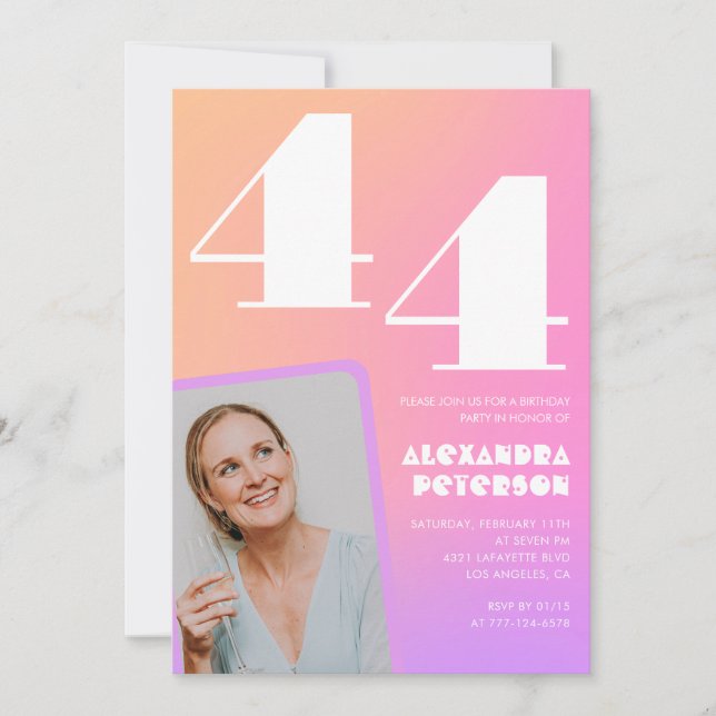 Invitación de cumpleaños número 44 con gradiente r (Anverso)