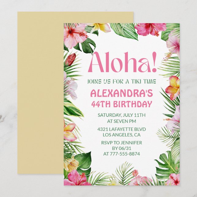 invitación de cumpleaños número 44 hawaiano Floral (Anverso / Reverso)