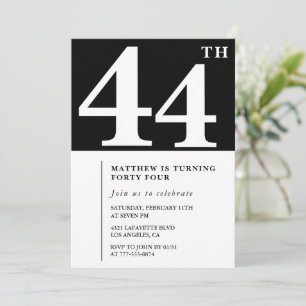 Invitación de cumpleaños número 44 negra Elegante 