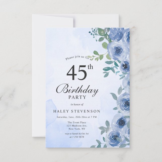 Invitación de cumpleaños número 45 Dusty Blue Wate (Anverso)