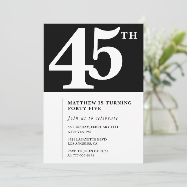 Invitación de cumpleaños número 45 negra Elegante  (Anverso de pie)