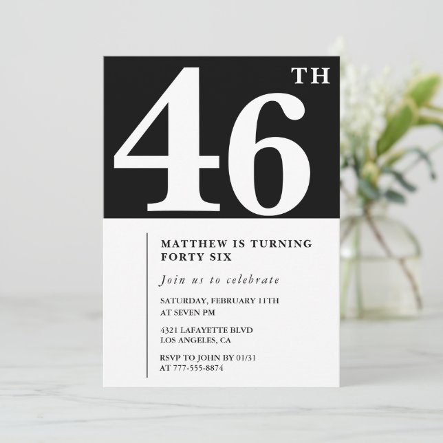 Invitación de cumpleaños número 46 negra Elegante  (Anverso de pie)