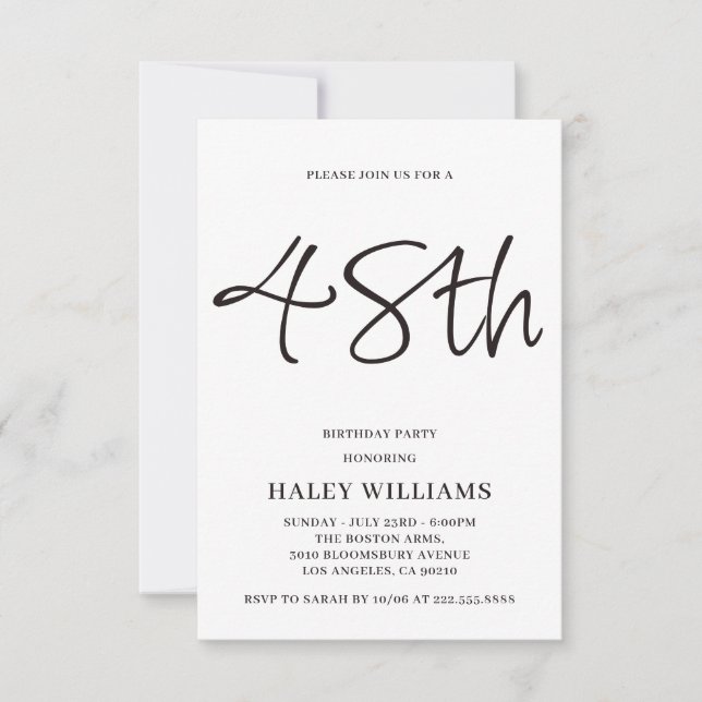 Invitación de cumpleaños número 48 con caligrafía  (Anverso)
