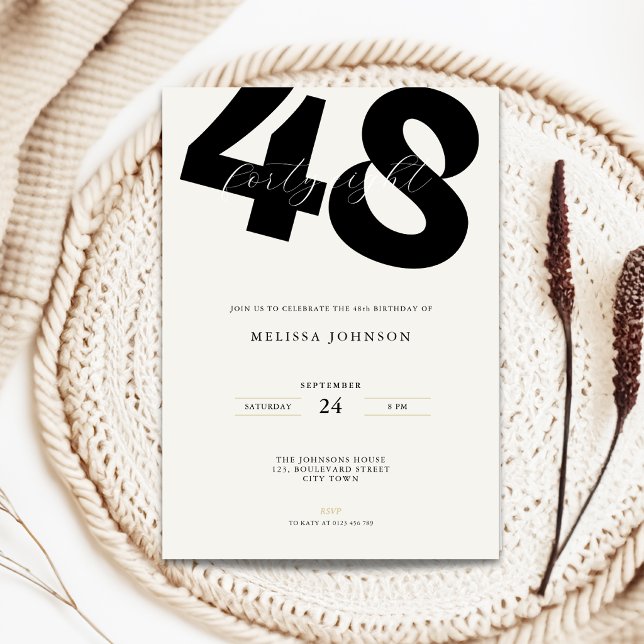 Invitación de cumpleaños número 48 minimalista - T (Minimal 48th birthday invitation with stylish bold typography)