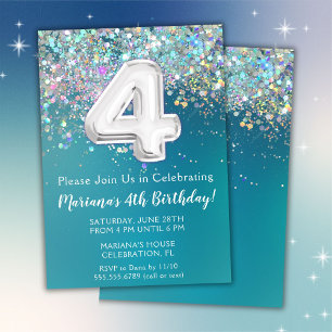 Invitación de cumpleaños número 4 con brillo teal 