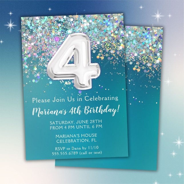 Invitación de cumpleaños número 4 con brillo teal  (Subido por el creador)