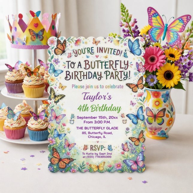Invitación de cumpleaños número 4 con mariposas co (Subido por el creador)
