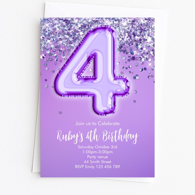 Invitación de cumpleaños número 4 con purpurina pú (Subido por el creador)