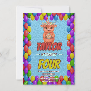 Invitación de cumpleaños número 4 de adorable vaca