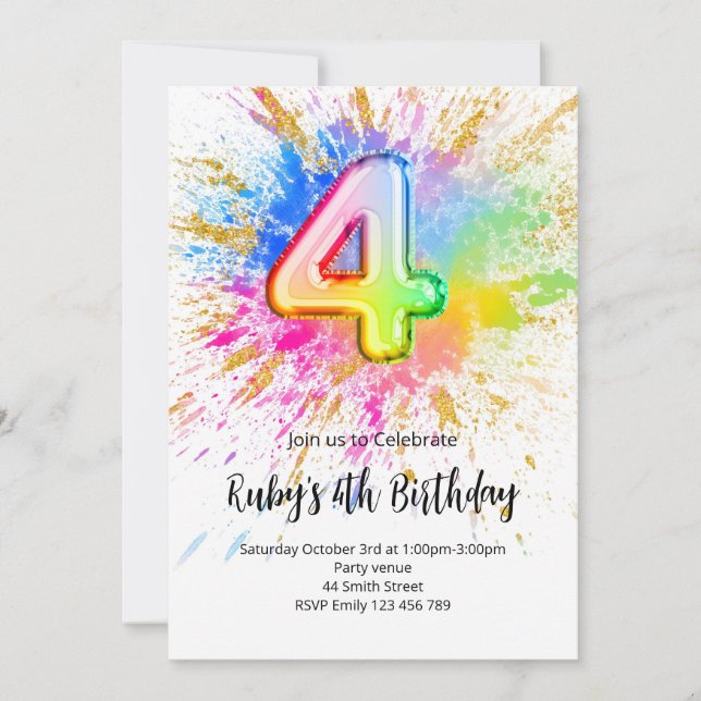 Invitación de cumpleaños número 4 de Arcoíris (Anverso)