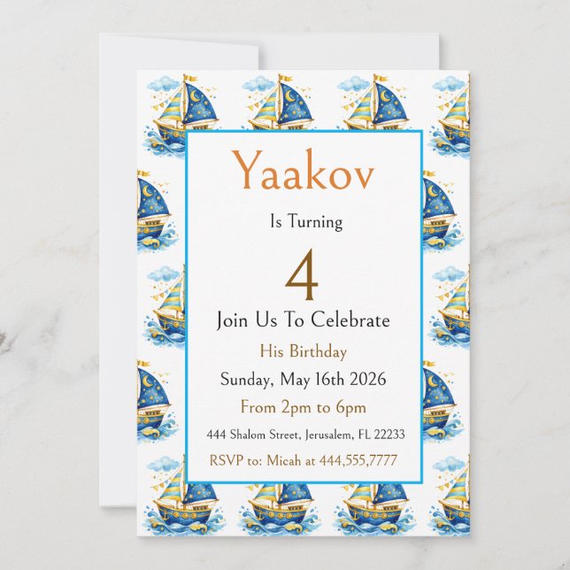 Invitación de cumpleaños número 4 de barco de vela (Anverso)