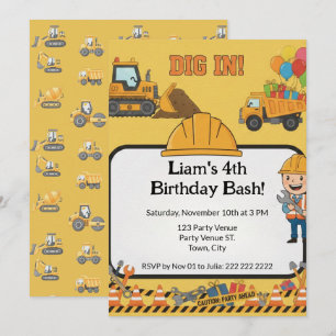Invitación de cumpleaños número 4 de construcción