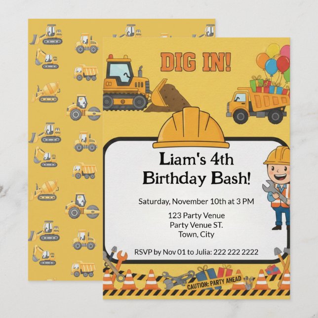 Invitación de cumpleaños número 4 de construcción  (Anverso / Reverso)