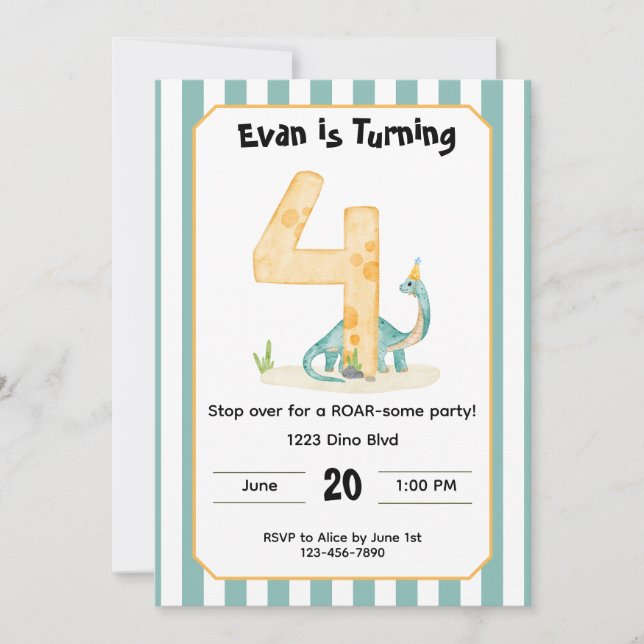 Invitación de cumpleaños número 4 de dinosaurio ed (Anverso)